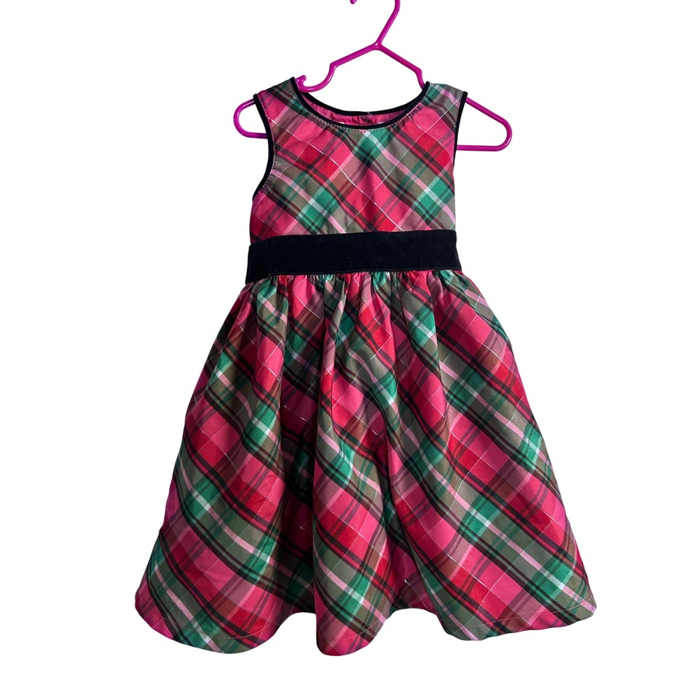 OshKosh Plaid Dress 3T Pink Green Metallic Velvet Holiday Kids